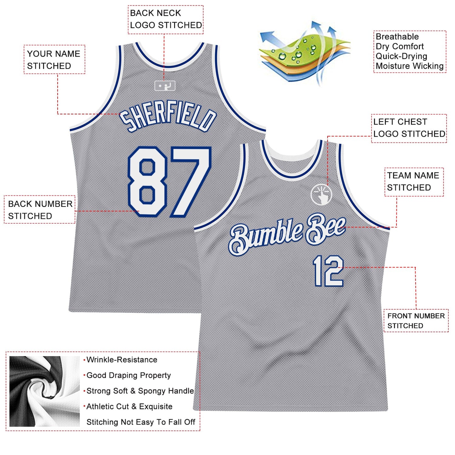 Custom Gray White-Royal Authentic Throwback Basketball Jersey Limited