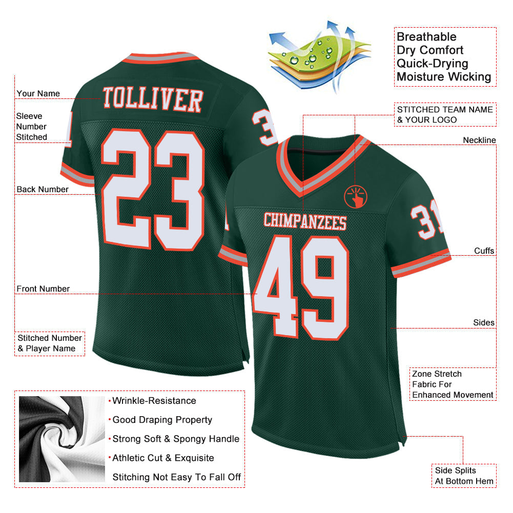 Custom Green White-Orange Mesh Authentic Throwback Football Jersey Limited