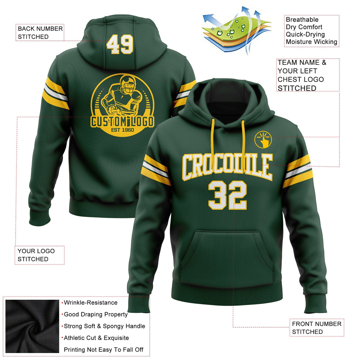 Custom Stitched Green White-Gold Football Pullover Sweatshirt Hoodie Limited