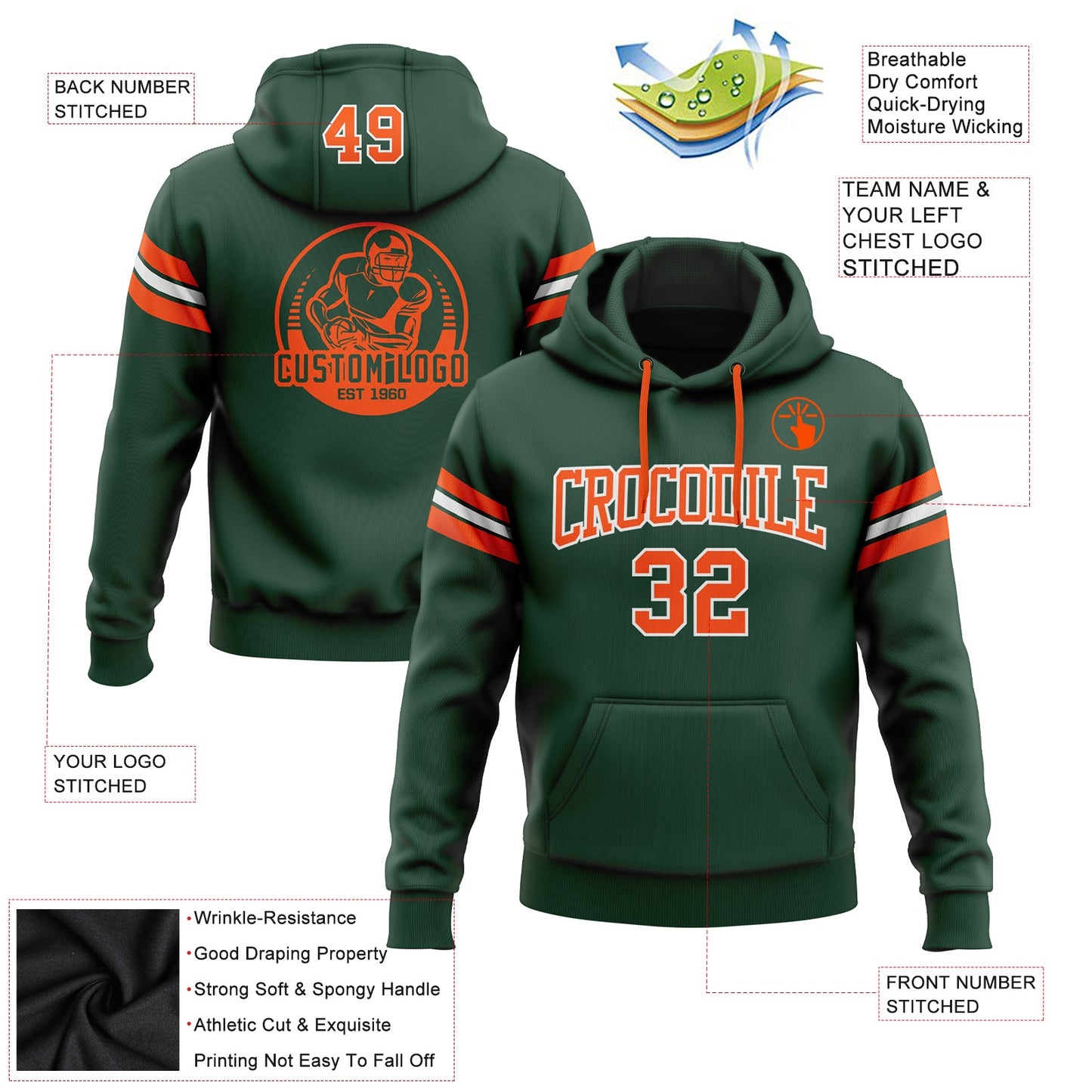 Custom Stitched Green Orange-White Football Pullover Sweatshirt Hoodie Limited