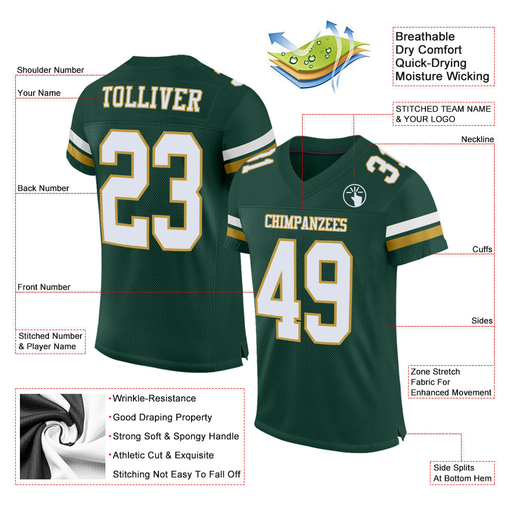 Custom Green White-Old Gold Mesh Authentic Football Jersey Limited
