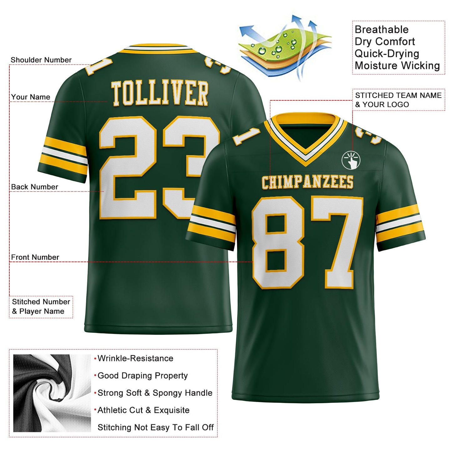 Custom Green White-Gold Mesh Authentic Football Jersey Limited