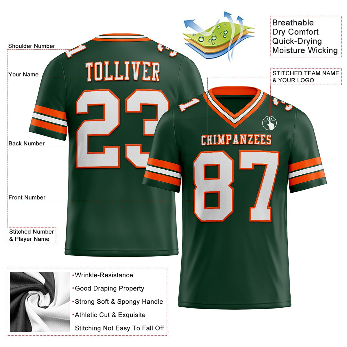 Custom Green White-Orange Mesh Authentic Football Jersey Limited