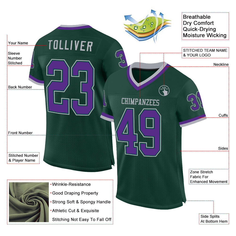 Custom Green Purple-Gray Mesh Authentic Throwback Football Jersey Limited