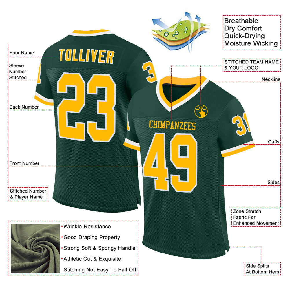 Custom Green Gold-White Mesh Authentic Throwback Football Jersey Limited