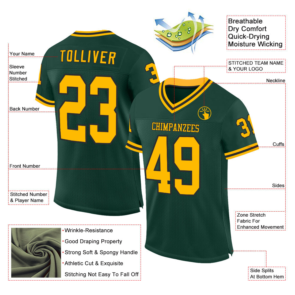 Custom Green Gold-Black Mesh Authentic Throwback Football Jersey Limited