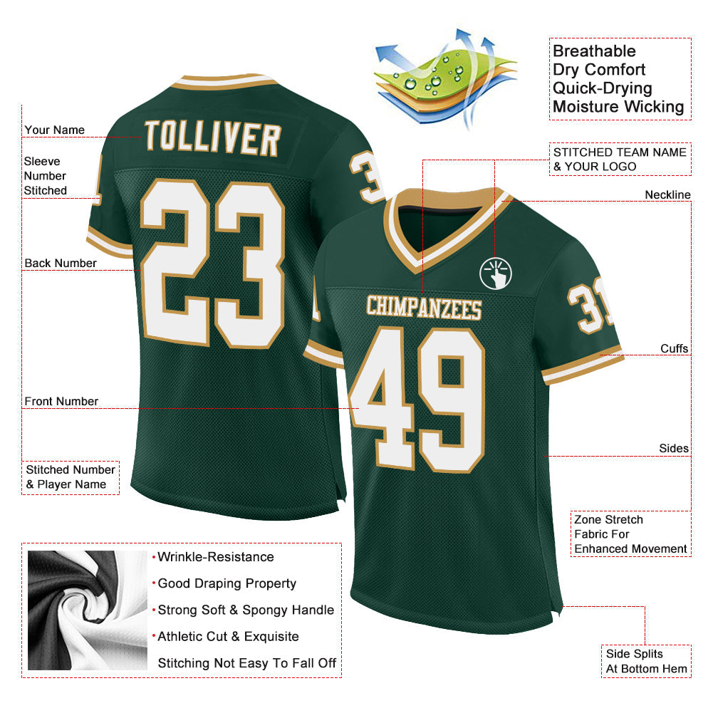Custom Green White-Old Gold Mesh Authentic Throwback Football Jersey Limited