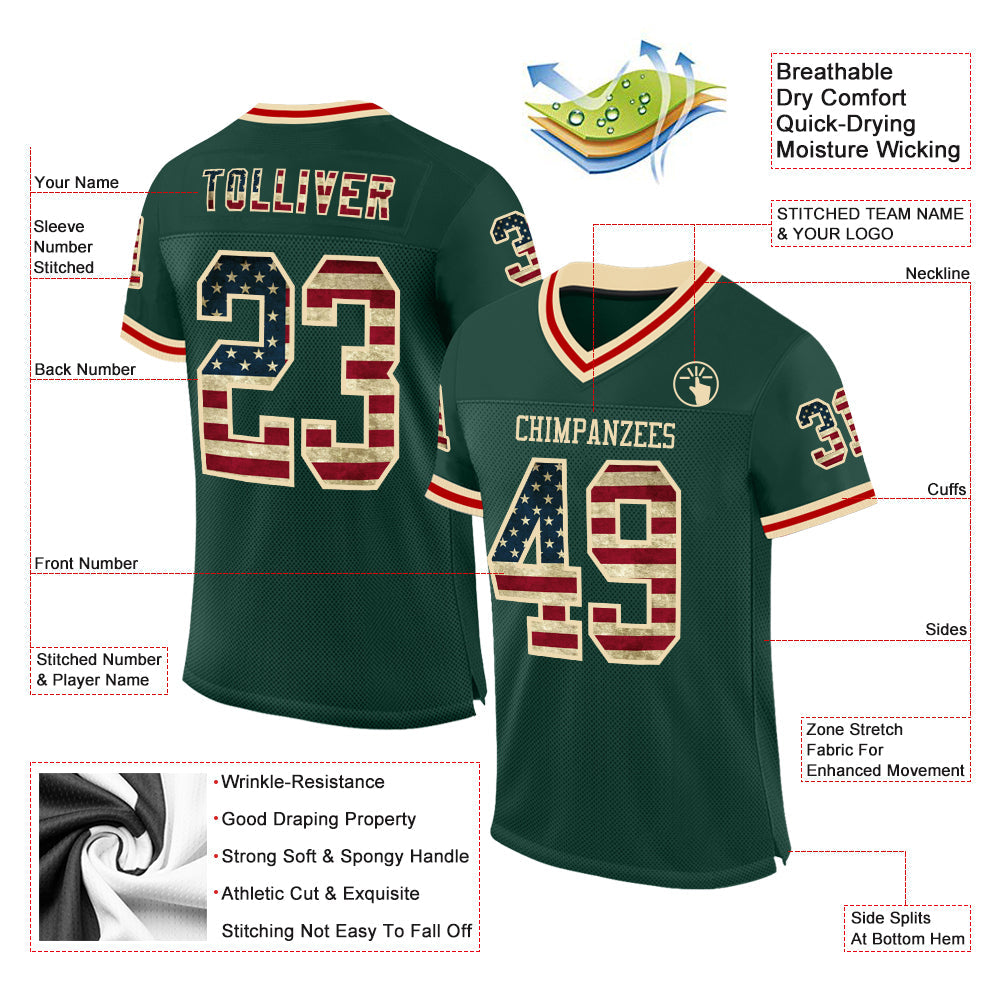 Custom Green Vintage USA Flag Cream-Red Mesh Authentic Throwback Football Jersey Limited