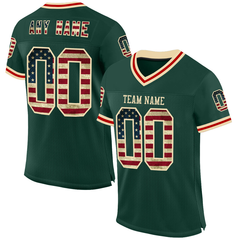 Custom Green Vintage USA Flag Cream-Red Mesh Authentic Throwback Football Jersey Limited