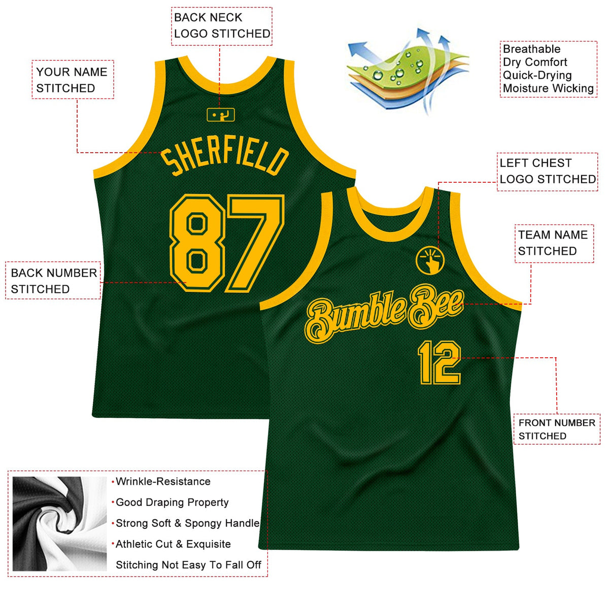 Custom Green Gold Authentic Throwback Basketball Jersey Limited