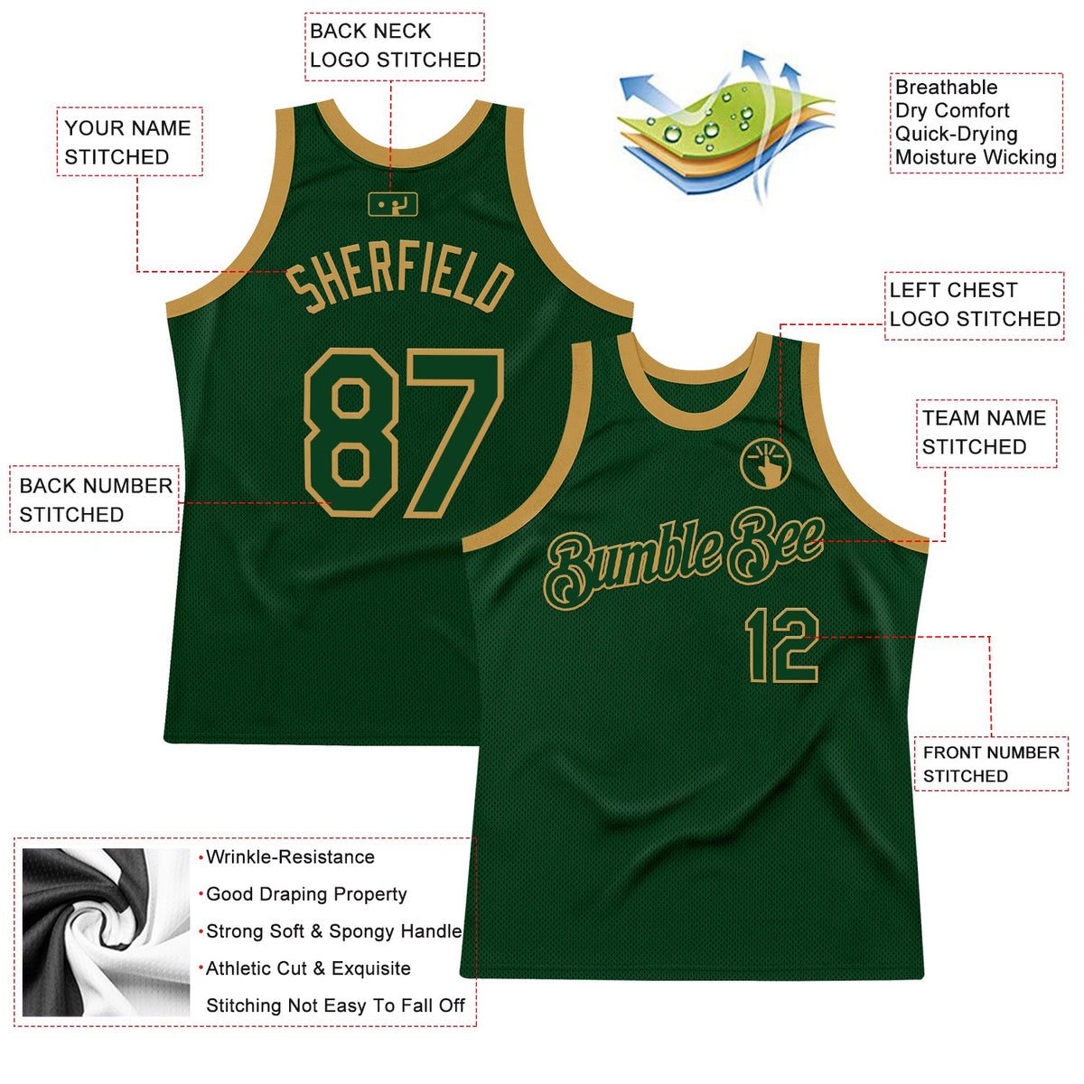 Custom Green Old Gold Authentic Throwback Basketball Jersey Limited