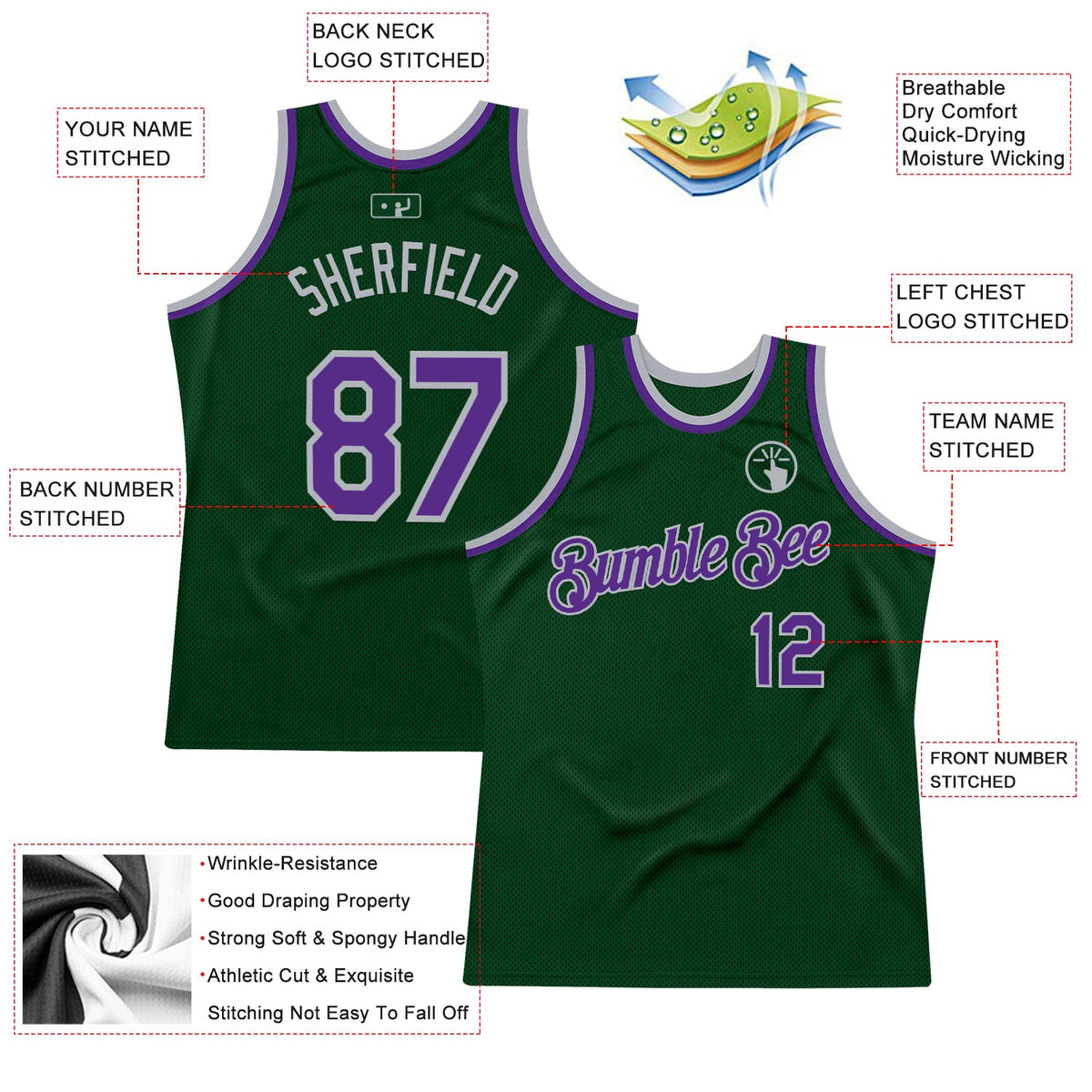 Custom Green Purple-Gray Authentic Throwback Basketball Jersey Limited