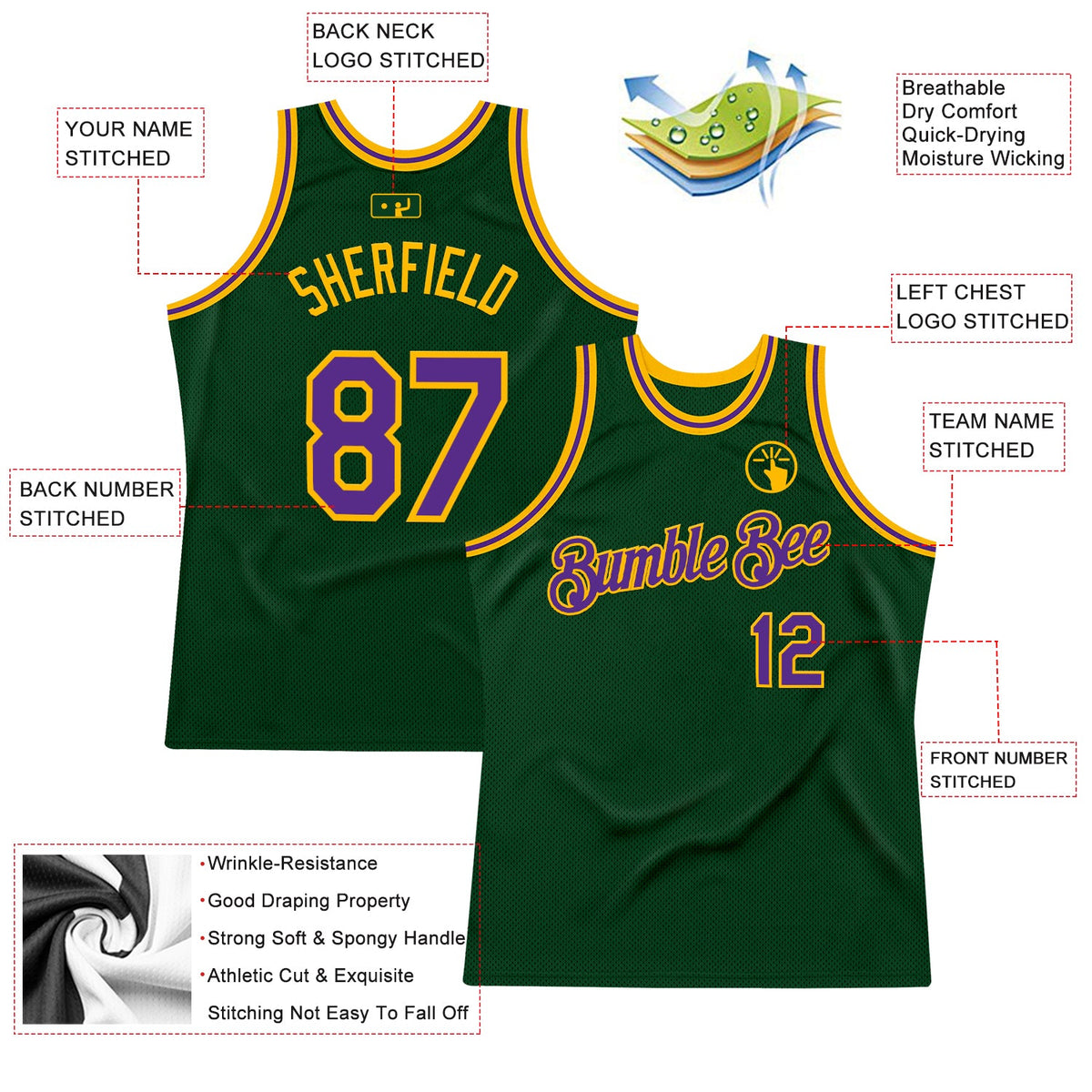 Custom Green Purple-Gold Authentic Throwback Basketball Jersey Limited