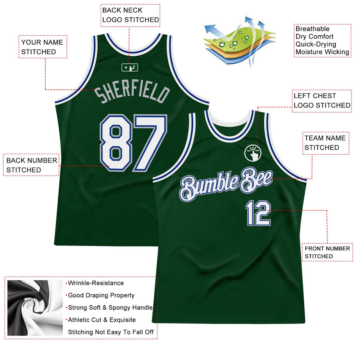 Custom Green White Royal-Gray Authentic Throwback Basketball Jersey Limited