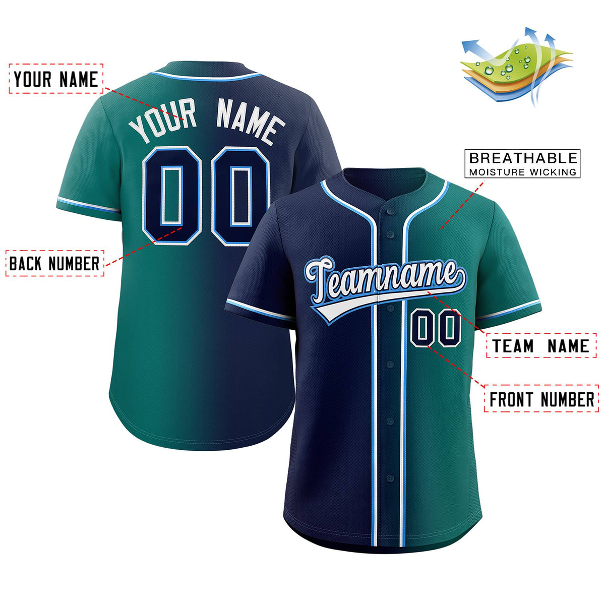 Custom Teal Navy White-Power Blue Gradient Fashion Authentic Baseball Jersey Limited