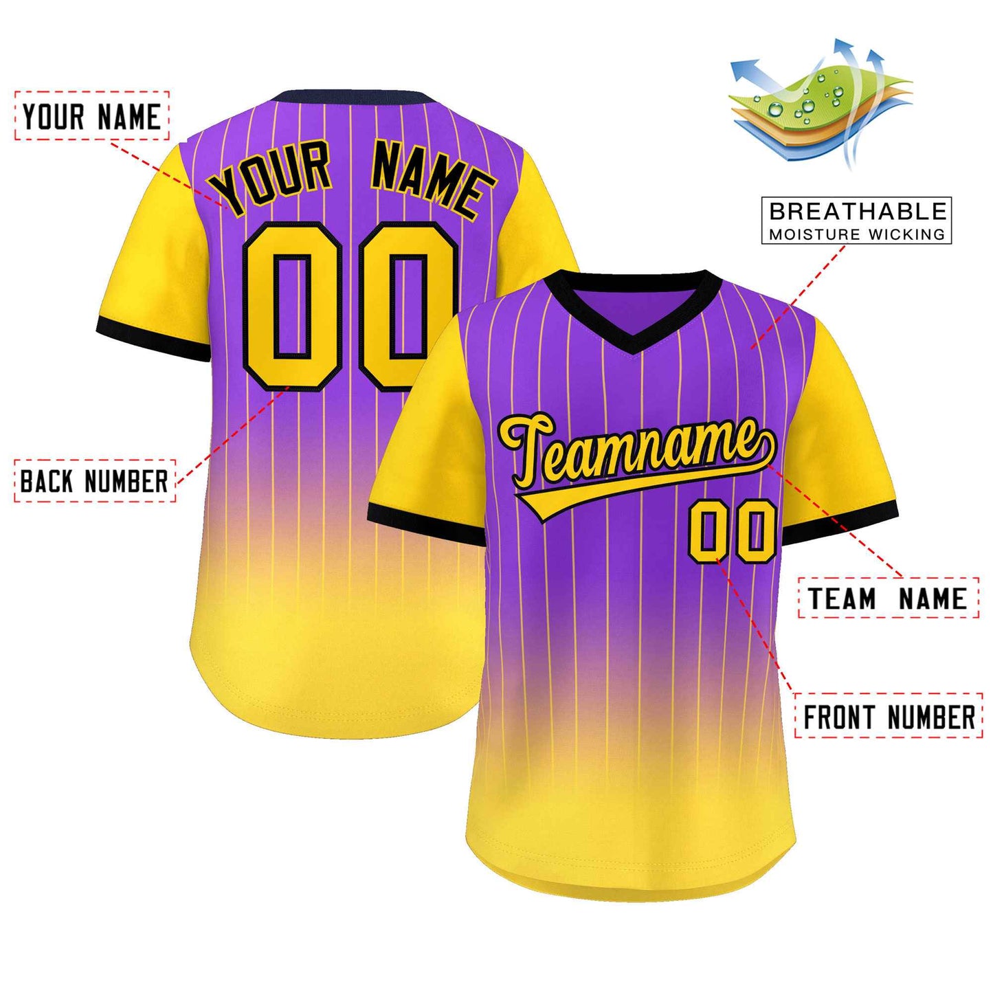 Custom Purple Gold-Black Gradient Fashion Authentic Pullover Pinstripe Baseball Jersey Limited