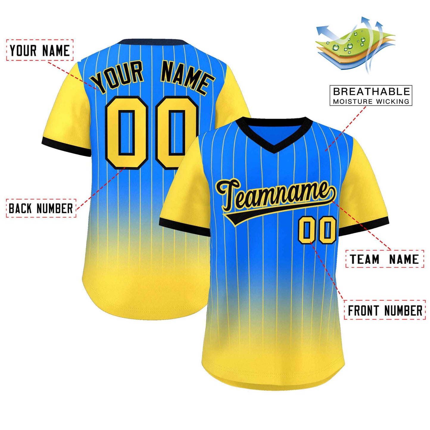 Custom Light Blue Gold-Black Gradient Fashion Authentic Pullover Pinstripe Baseball Jersey Limited