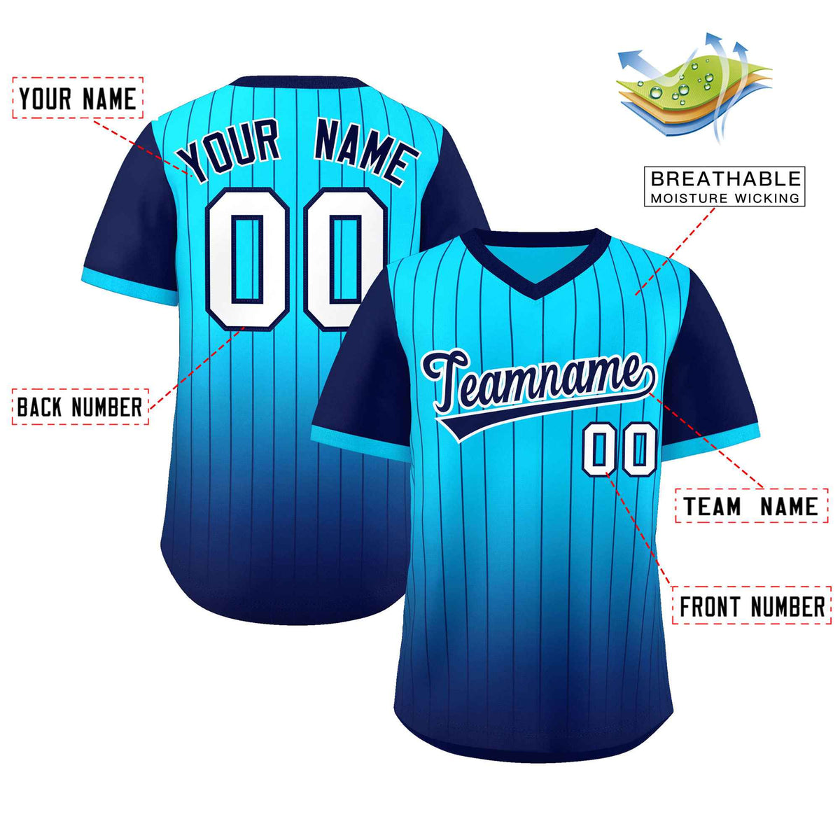 Custom Light Blue Navy-White Gradient Fashion Authentic Pullover Pinstripe Baseball Jersey Limited