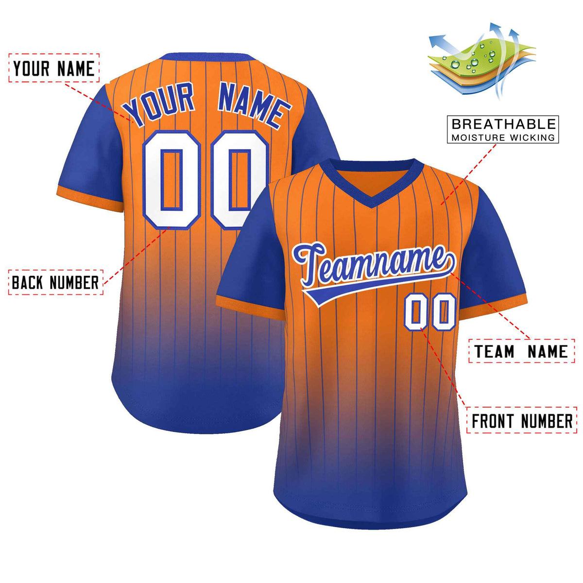Custom Orange Royal-White Gradient Fashion Authentic Pullover Pinstripe Baseball Jersey Limited