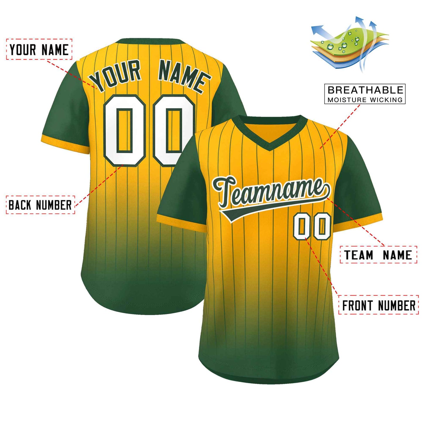 Custom Yellow Green-White Gradient Fashion Authentic Pullover Pinstripe Baseball Jersey Limited