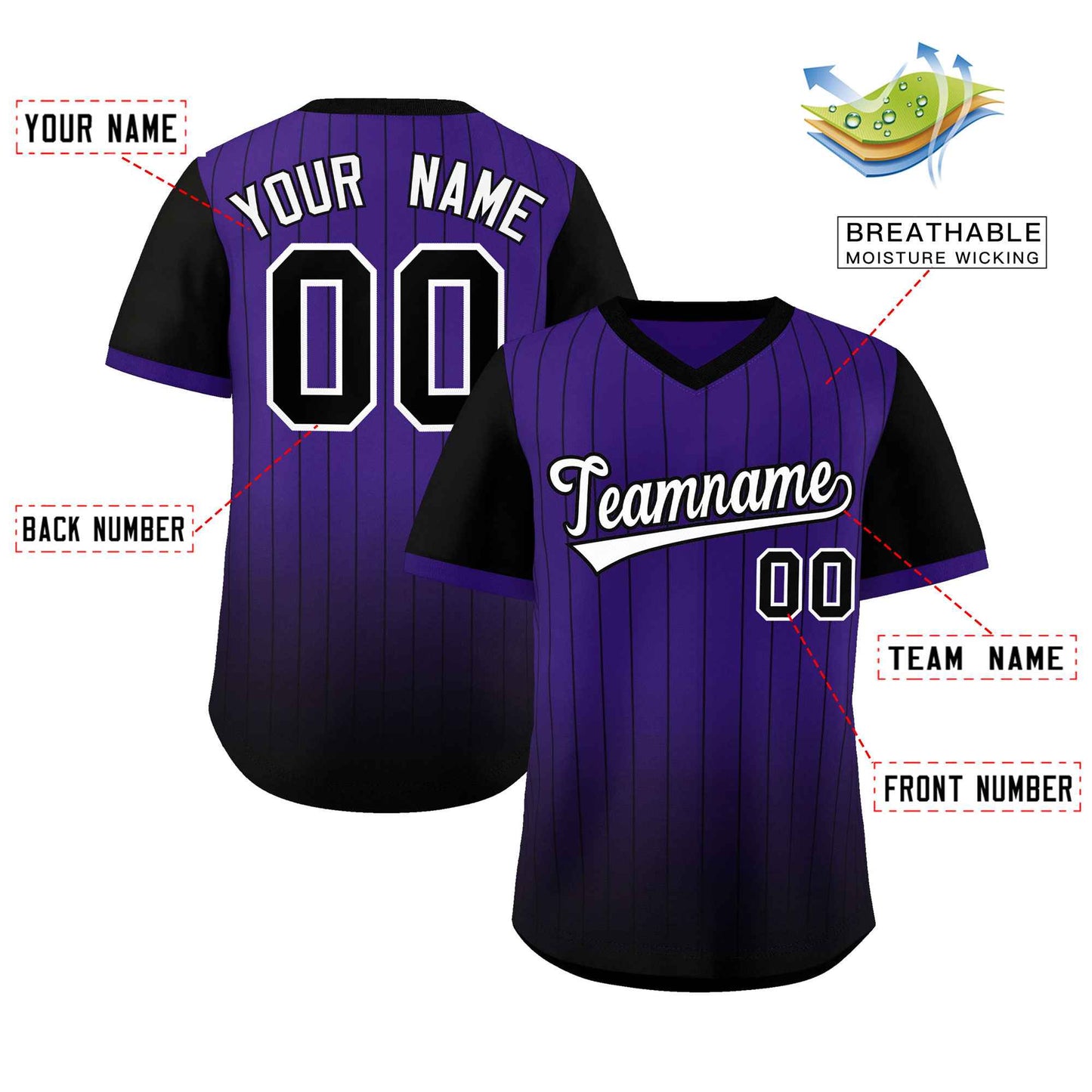 Custom Purple Black-White Gradient Fashion Authentic Pullover Pinstripe Baseball Jersey Limited