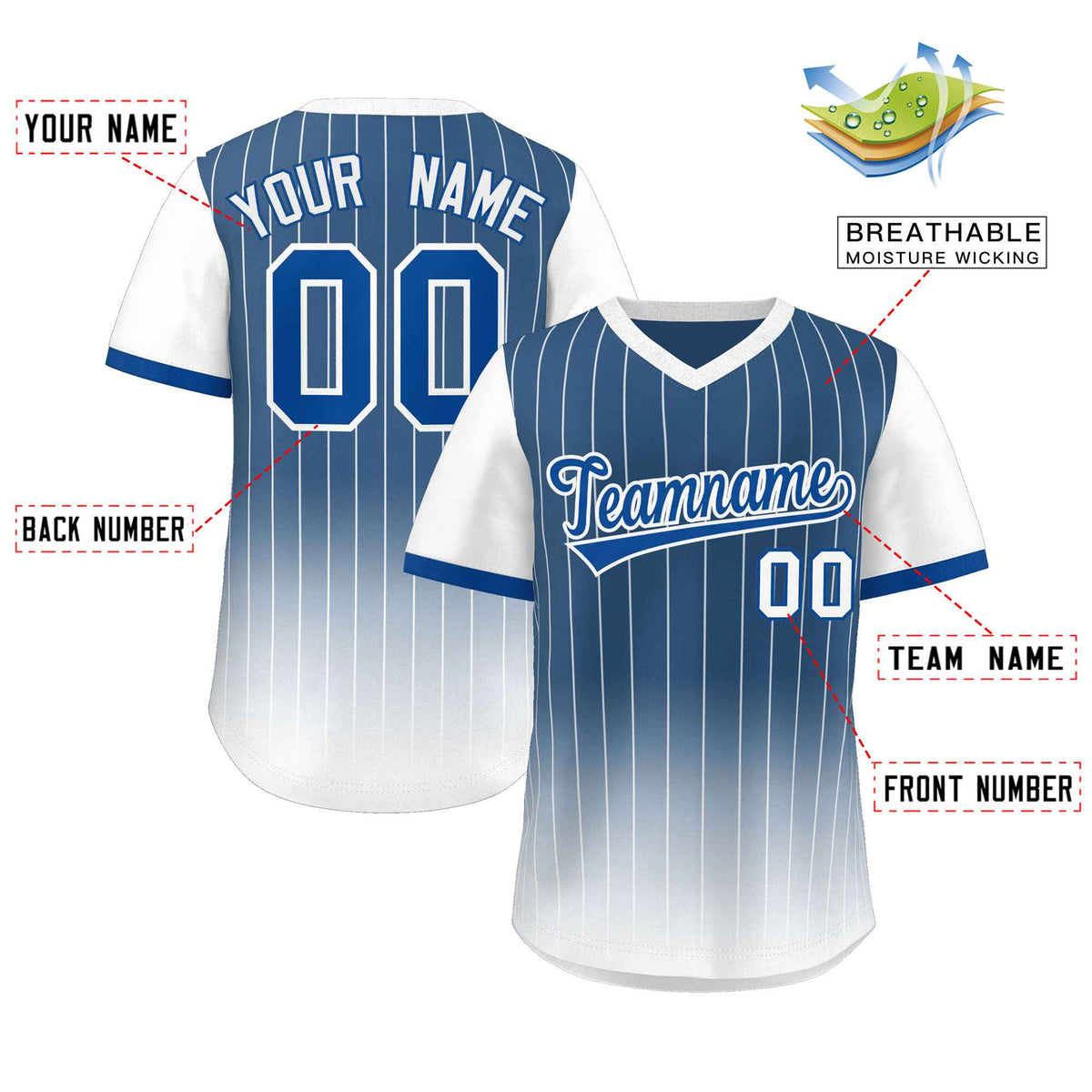Custom Blue White-Royal Gradient Fashion Authentic Pullover Pinstripe Baseball Jersey Limited
