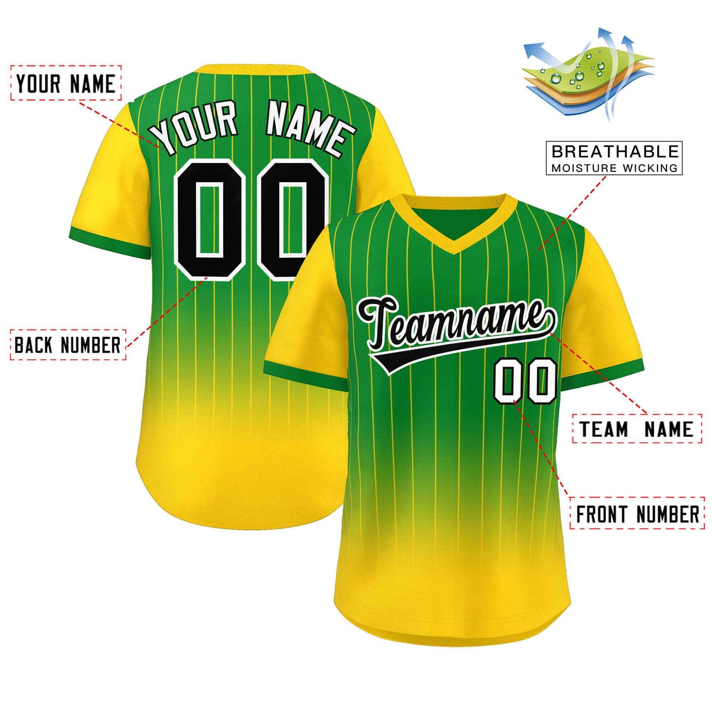 Custom Kelly Green Gold-Black Gradient Fashion Authentic Pullover Pinstripe Baseball Jersey Limited