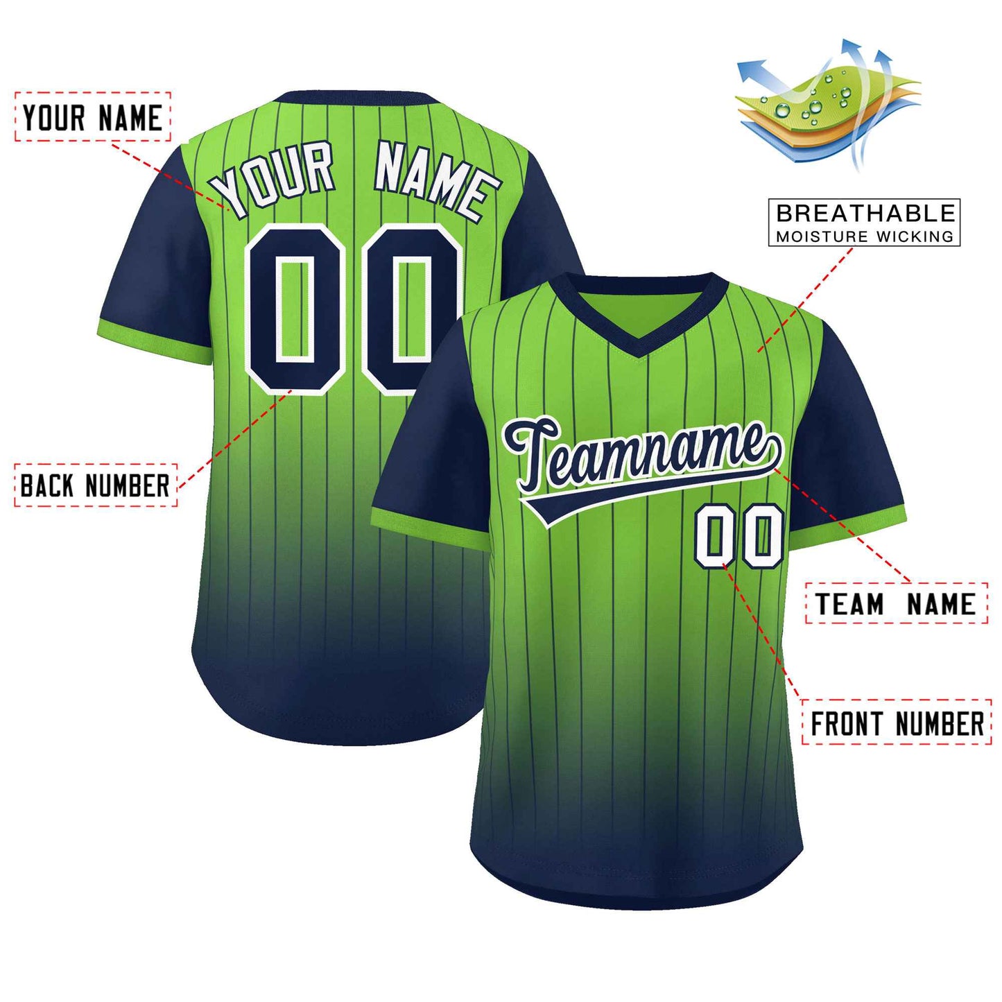 Custom Neon Green Navy-Black Gradient Fashion Authentic Pullover Pinstripe Baseball Jersey Limited