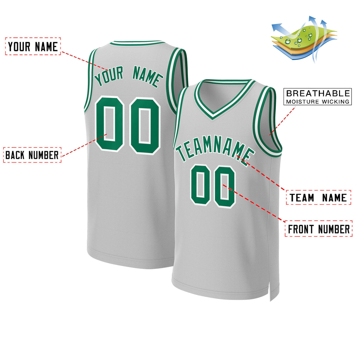 Custom Gray Kelly Green-White Classic Tops Basketball Jersey Limited