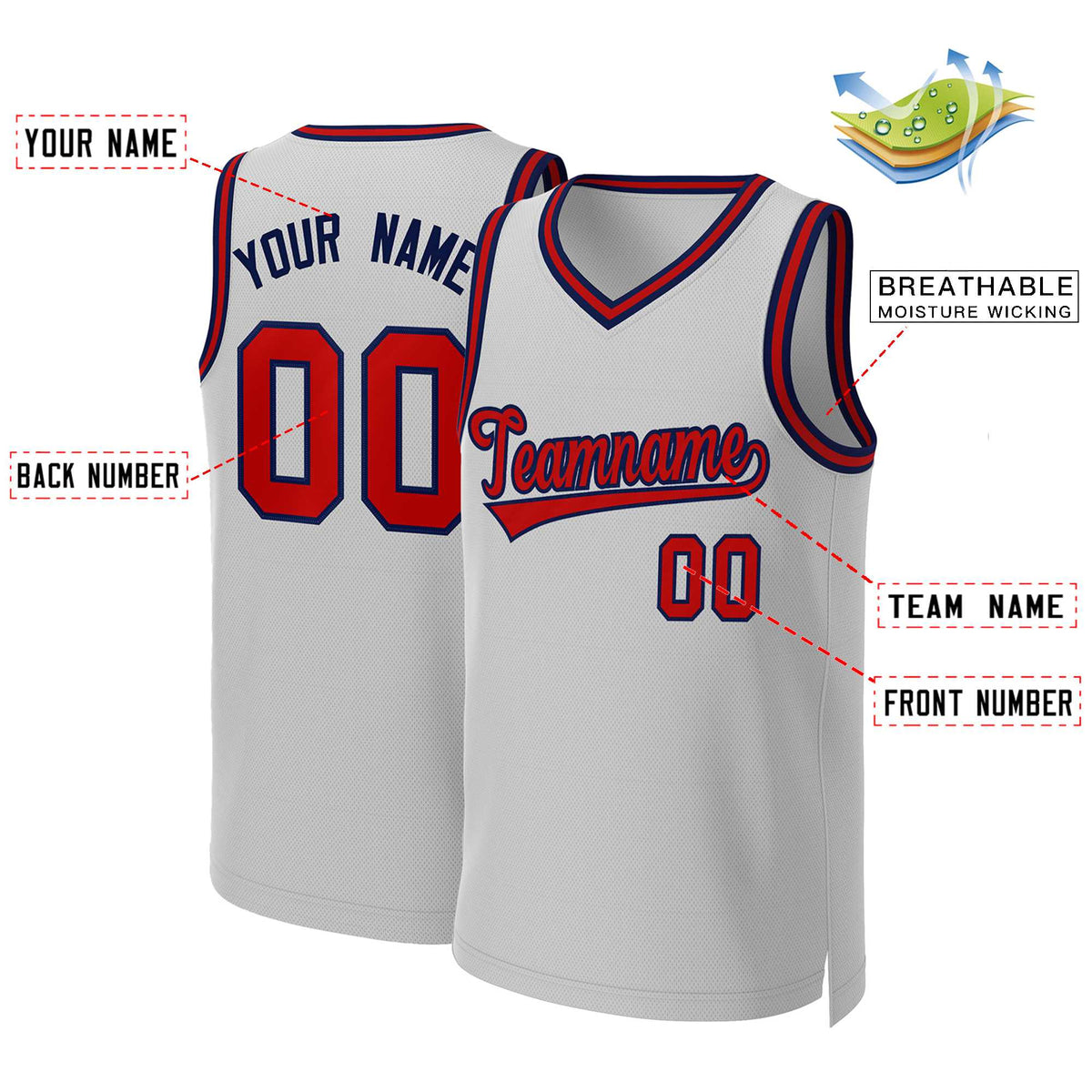 Custom Gray Red-Navy Classic Tops Basketball Jersey Limited