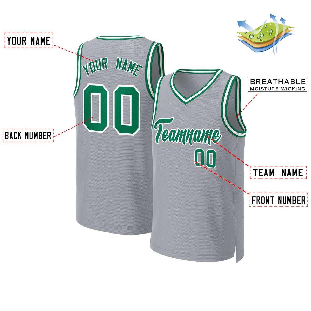 Custom Gray Kelly Green-White Classic Tops Basketball Jersey Limited