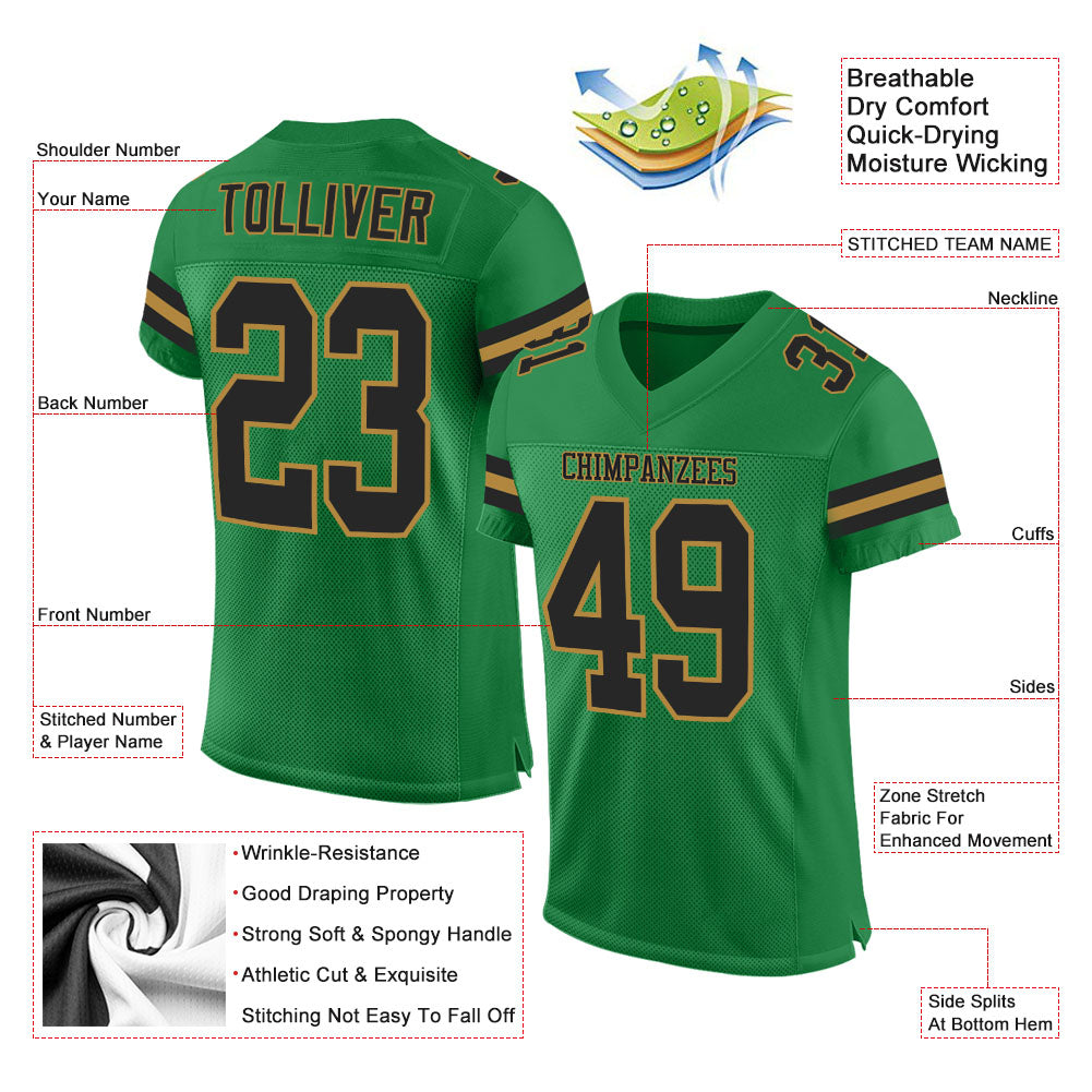 Custom Grass Green Black-Old Gold Mesh Authentic Football Jersey Limited