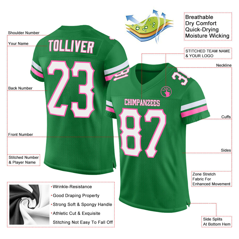 Custom Grass Green White-Pink Mesh Authentic Football Jersey Limited