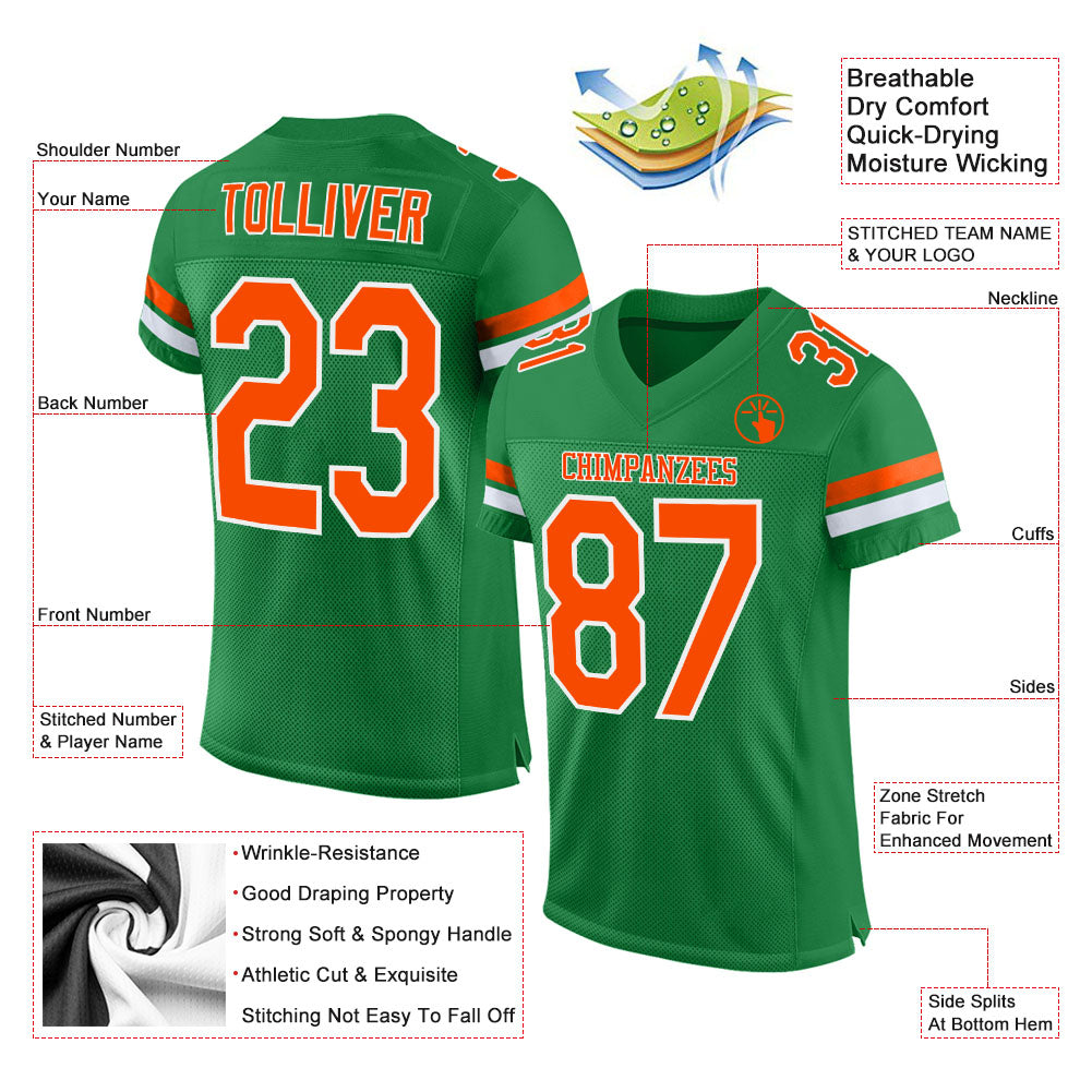 Custom Grass Green Orange-White Mesh Authentic Football Jersey Limited