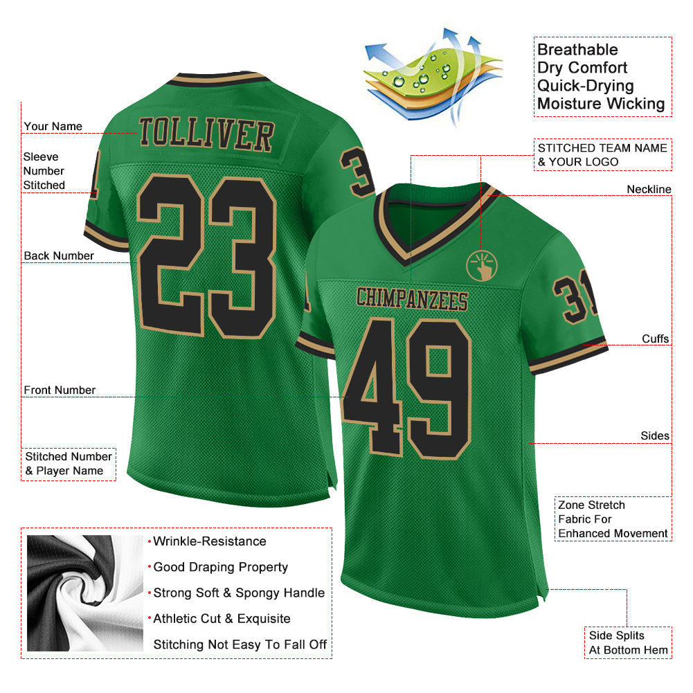 Custom Grass Green Black-Old Gold Mesh Authentic Throwback Football Jersey Limited