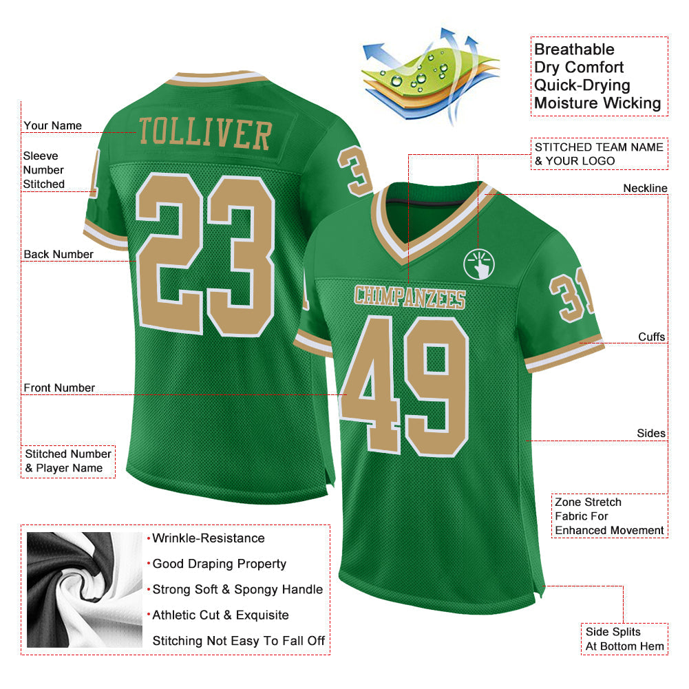 Custom Grass Green Old Gold-White Mesh Authentic Throwback Football Jersey Limited