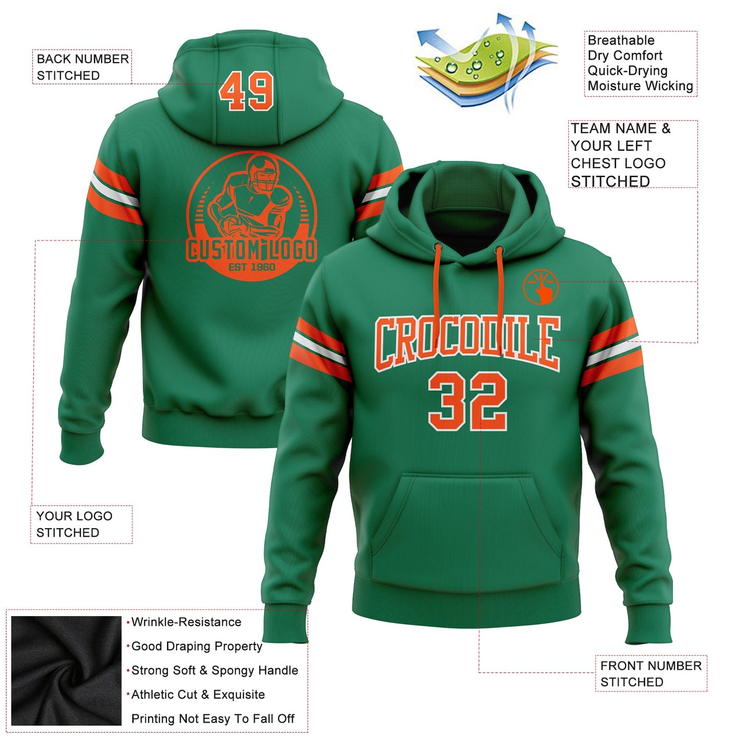 Custom Stitched Kelly Green Orange-White Football Pullover Sweatshirt Hoodie Limited