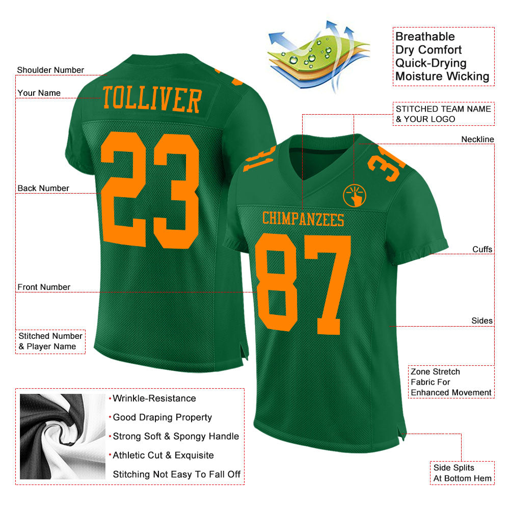 Custom Kelly Green Bay Orange Mesh Authentic Football Jersey Limited