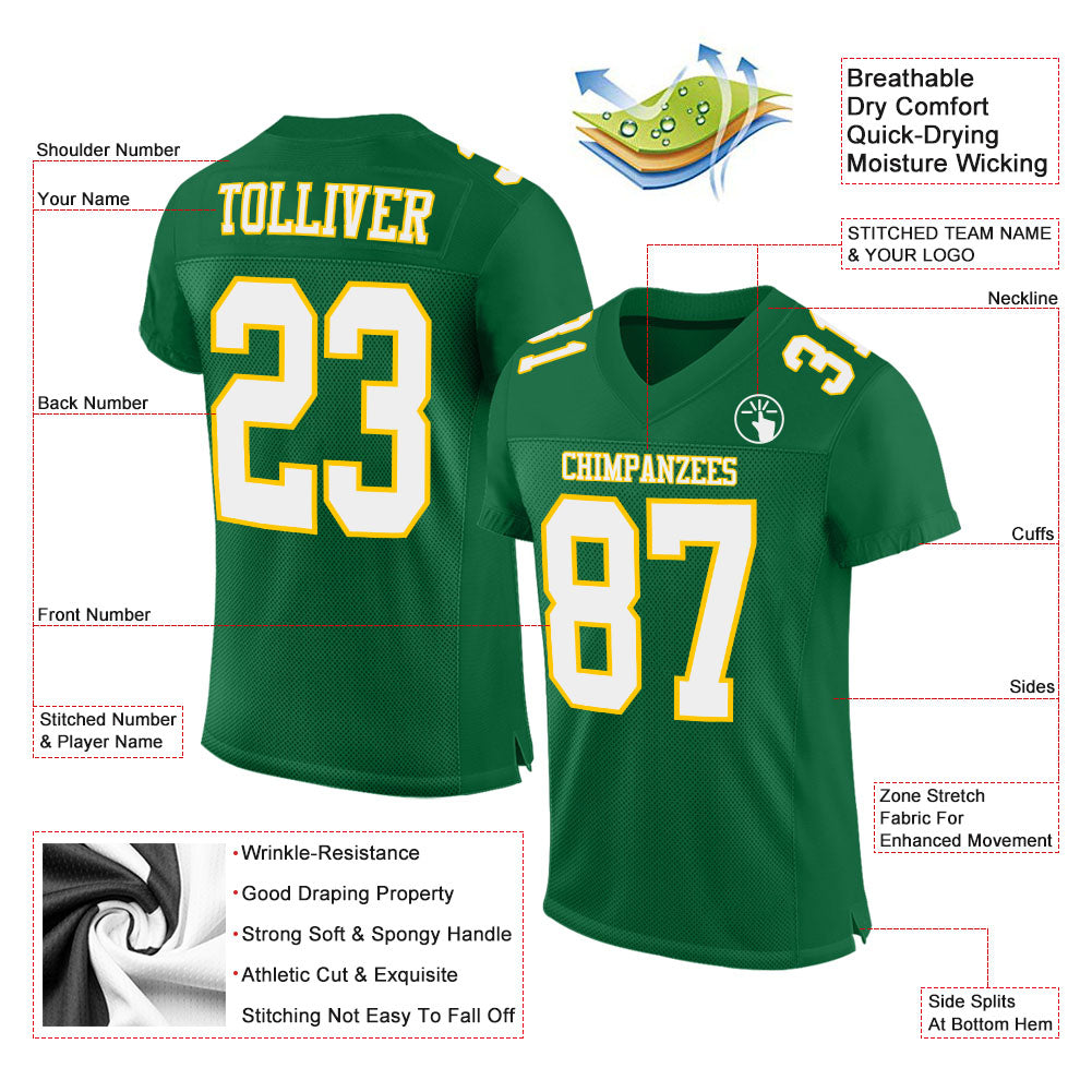Custom Kelly Green White-Gold Mesh Authentic Football Jersey Limited