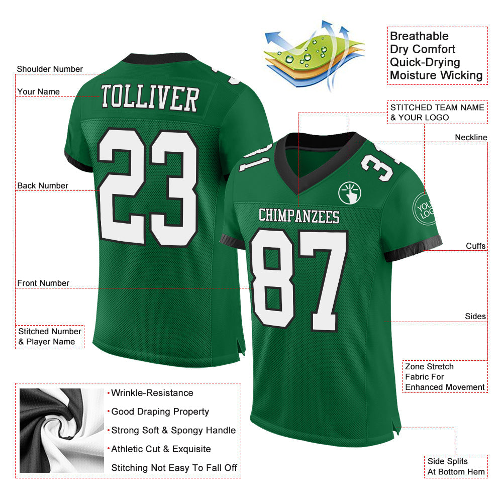 Custom Kelly Green White-Black Mesh Authentic Football Jersey Limited