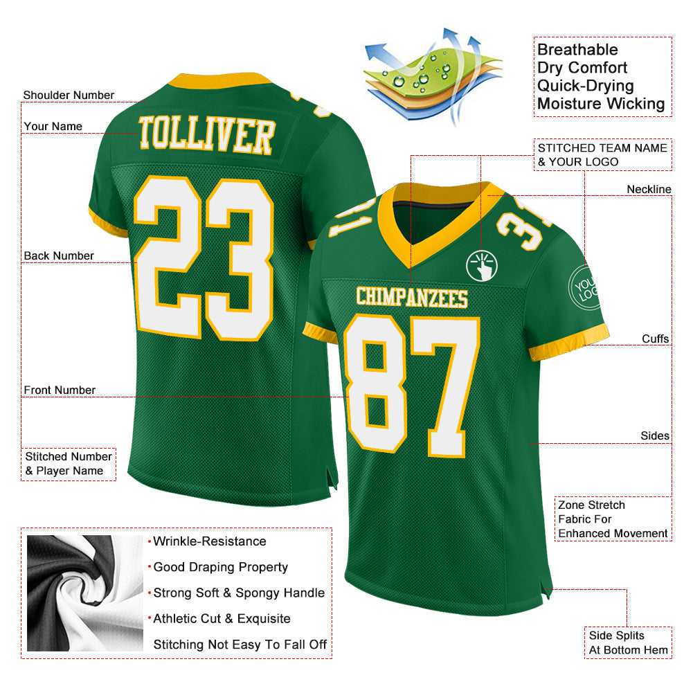 Custom Kelly Green White-Gold Mesh Authentic Football Jersey Limited