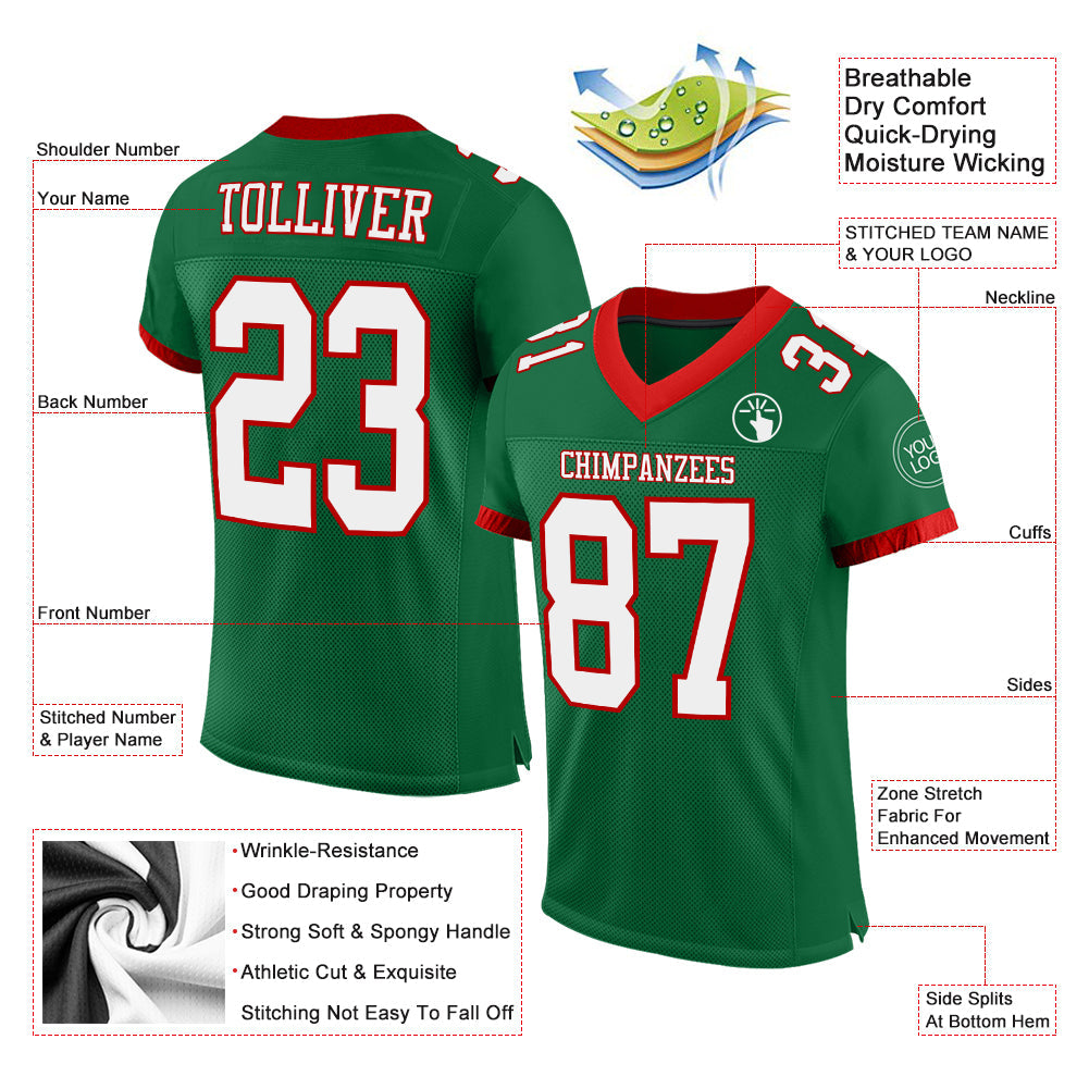 Custom Kelly Green White-Red Mesh Authentic Football Jersey Limited