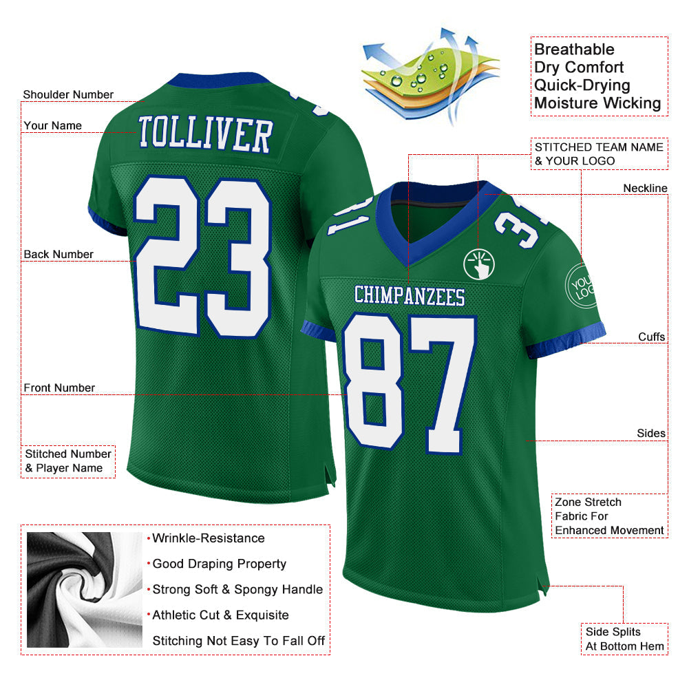 Custom Kelly Green White-Royal Mesh Authentic Football Jersey Limited