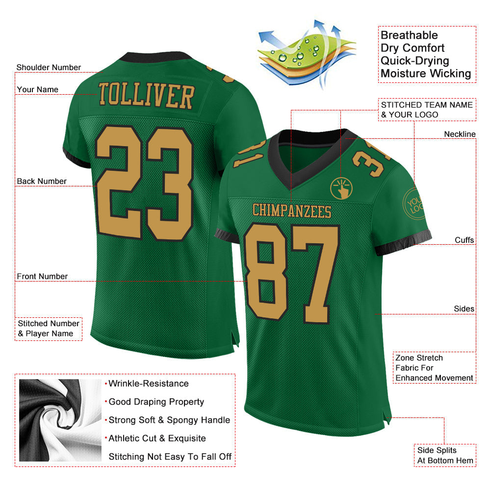 Custom Kelly Green Old Gold-Black Mesh Authentic Football Jersey Limited
