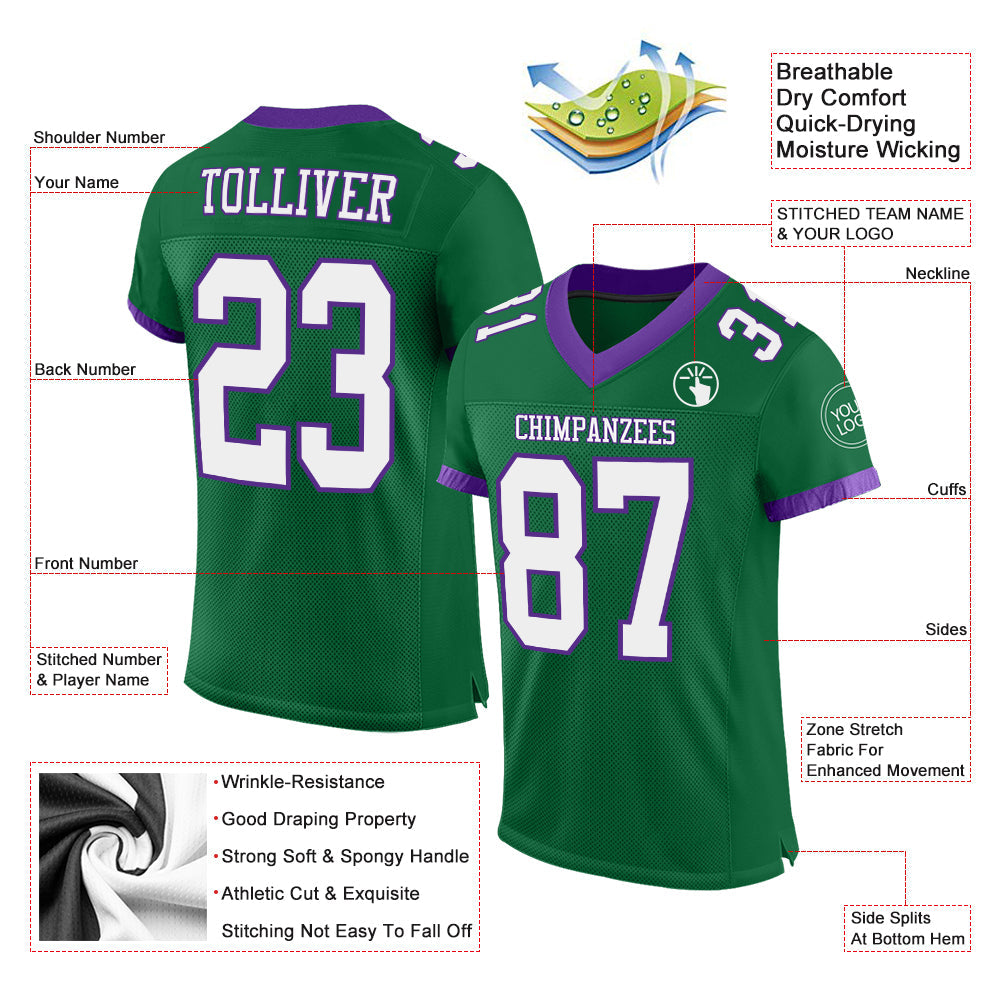 Custom Kelly Green White-Purple Mesh Authentic Football Jersey Limited