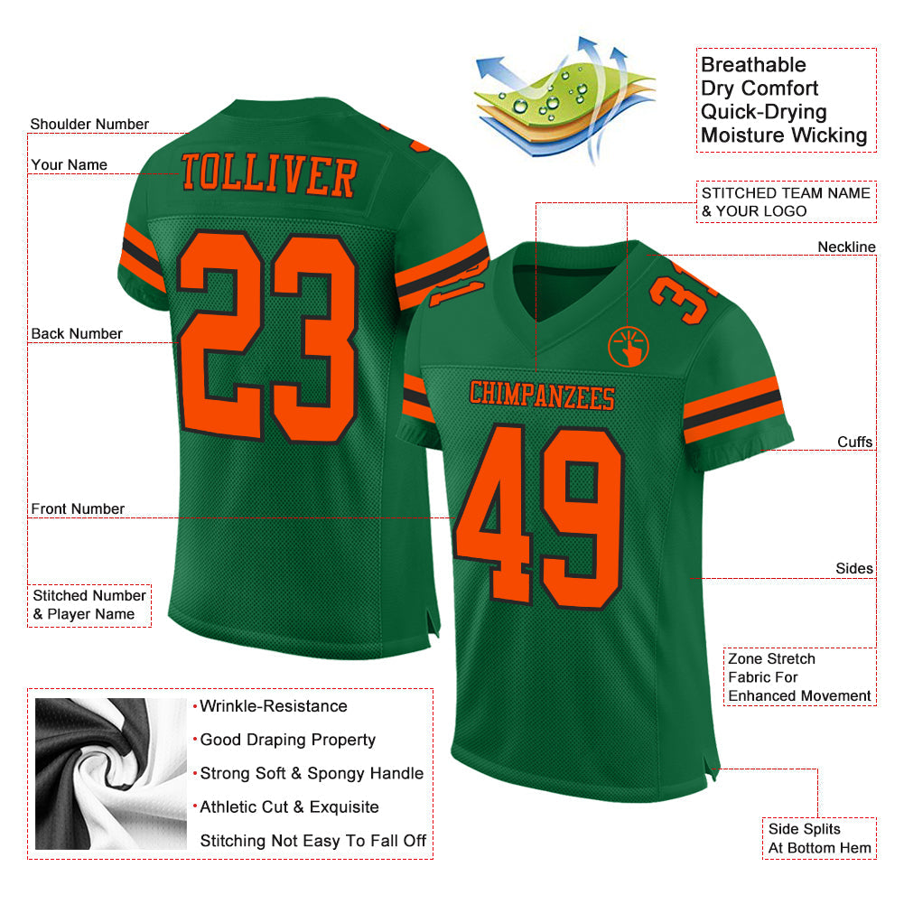 Custom Kelly Green Orange-Black Mesh Authentic Football Jersey Limited