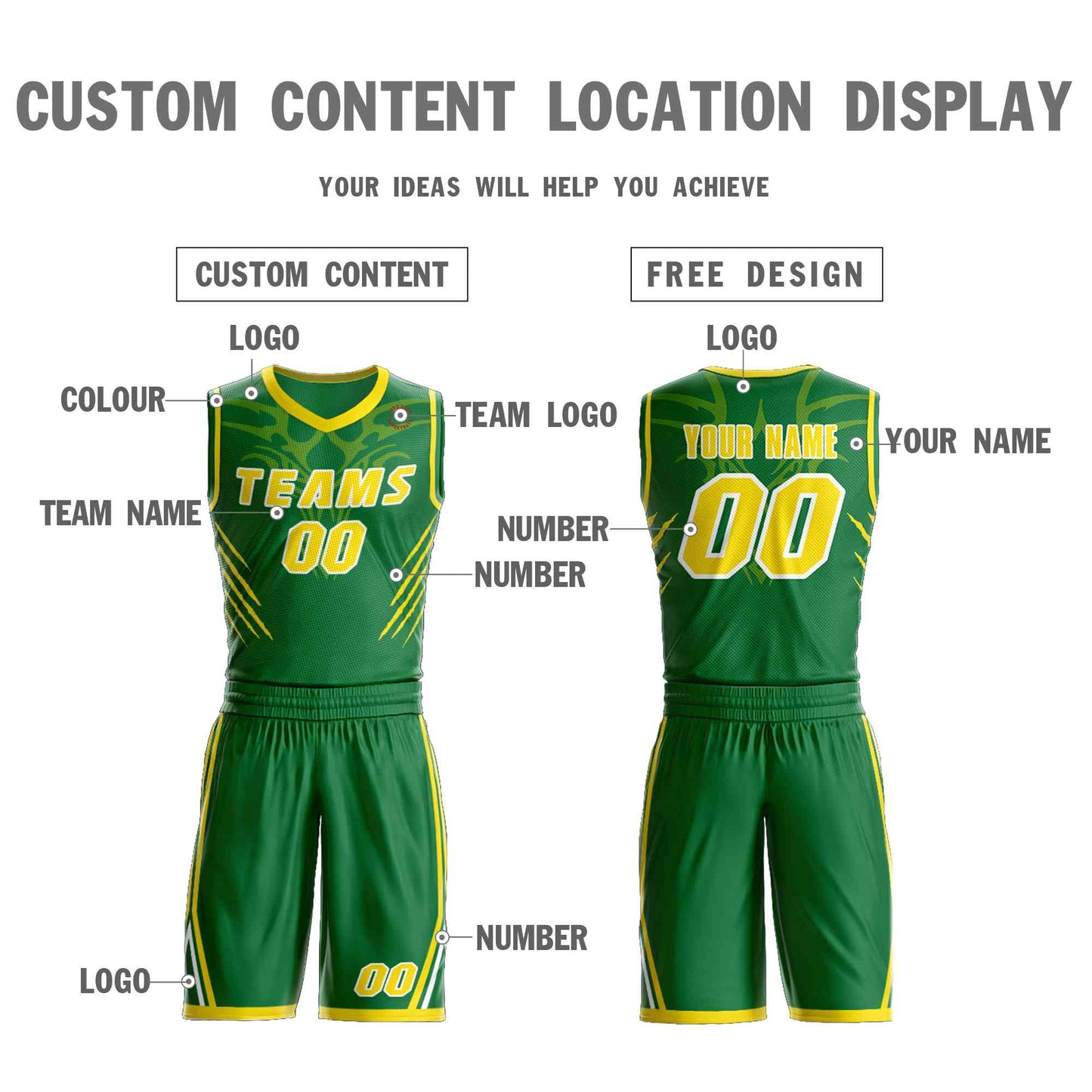 Custom Kelly Green Gold-White Graffiti Pattern Sets Claw Element Basketball Jersey Limited