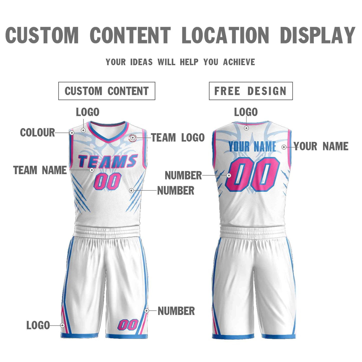 Custom White Powder Blue-Pink Graffiti Pattern Sets Claw Element Basketball Jersey Limited