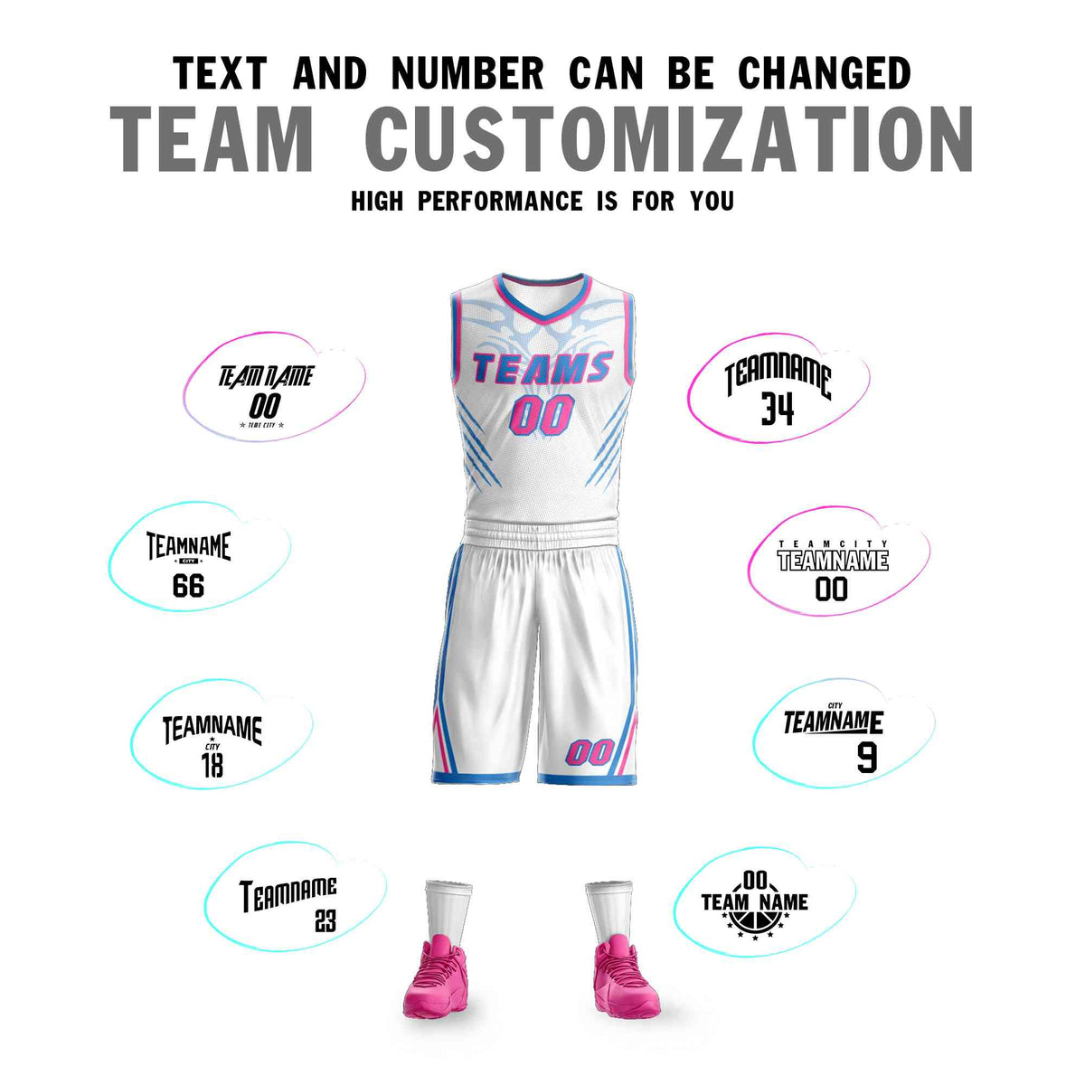 Custom White Powder Blue-Pink Graffiti Pattern Sets Claw Element Basketball Jersey Limited