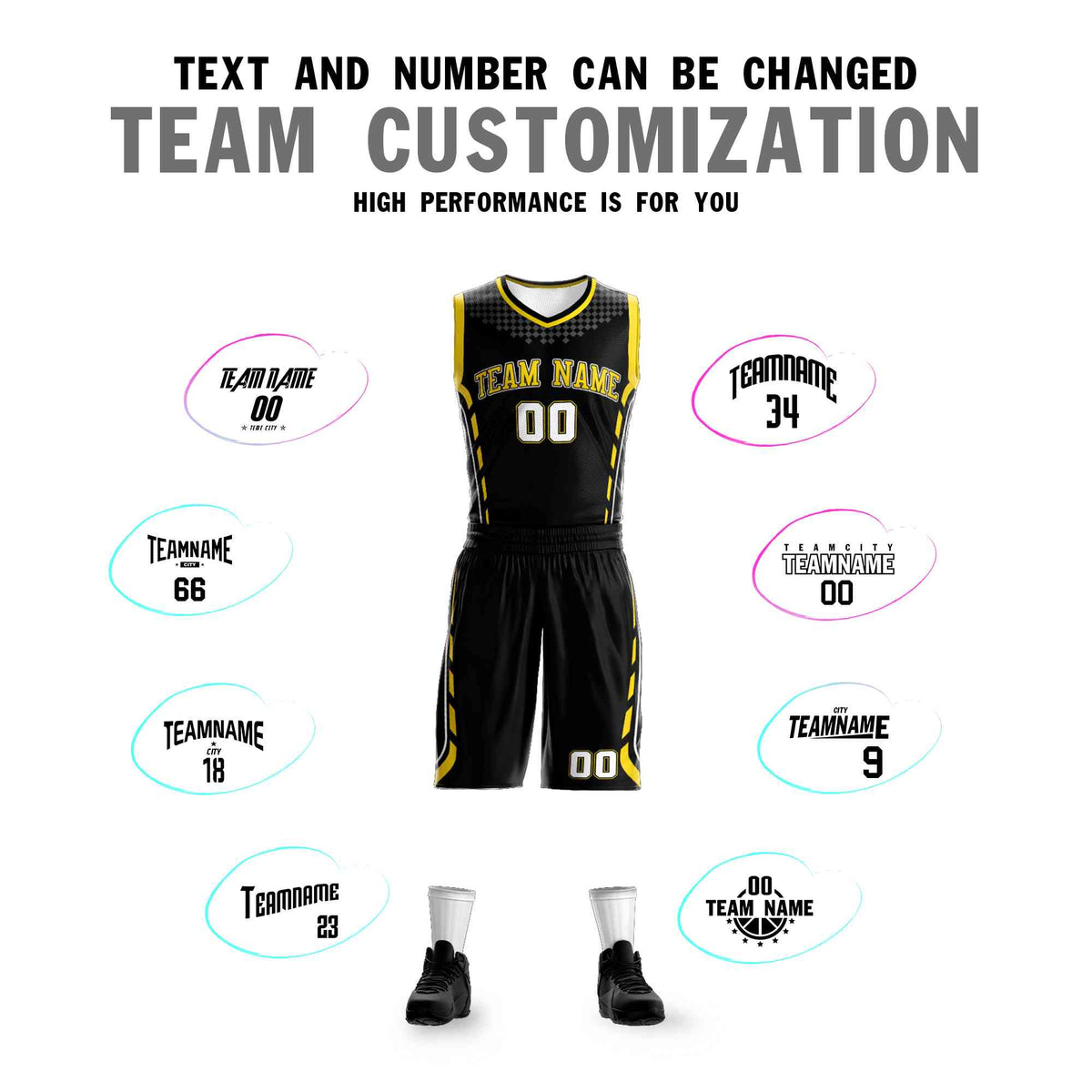 Custom Black Yellow-Black Graffiti Pattern Sets Oblique Bar Basketball Jersey Limited